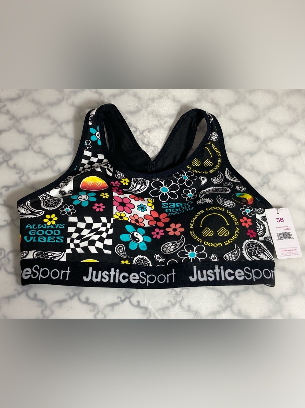 Justice Sports Bra Padded SIZE 36 Juniors Black Multicolored Flowers Designs NEW